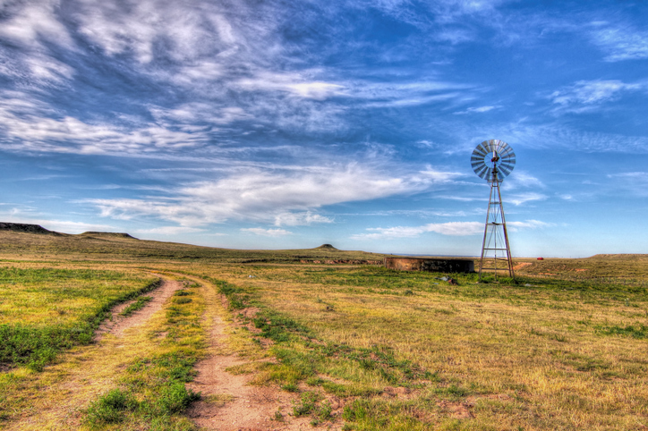 A windmill pumps water from a well in the Texas Panhandle plains